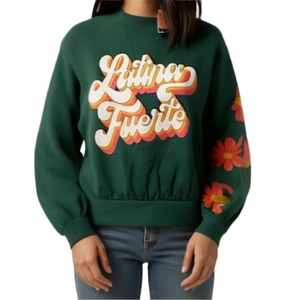 Latina Fuerte retro mod green floral daisy sleeve crew neck sweatshirt